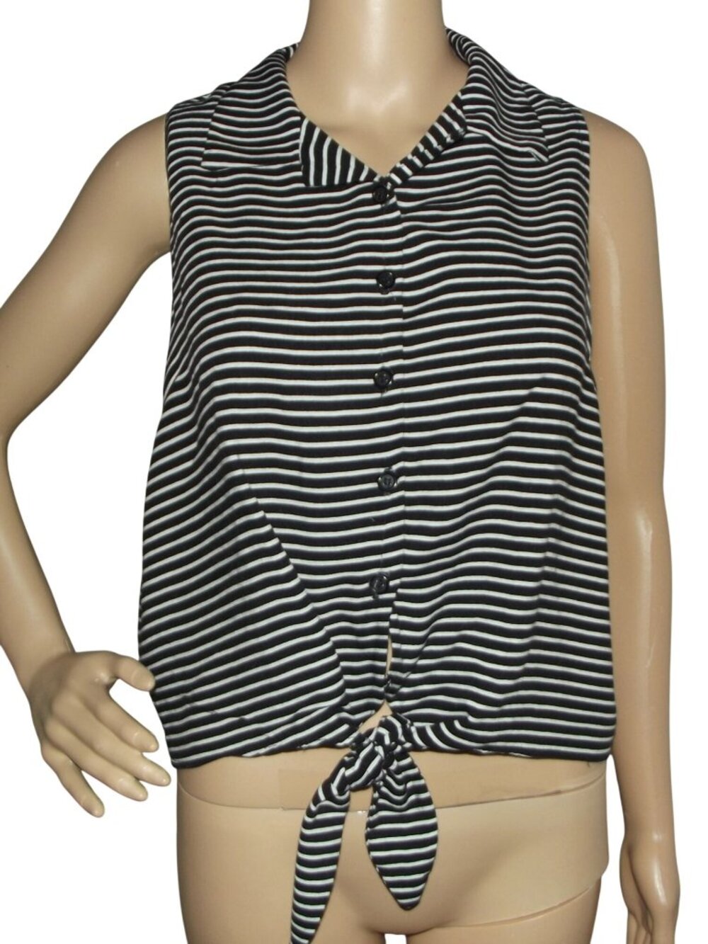 Hot Topic Tie Front Shirt Womens Sz Medium Black White Striped Button Sleeveless